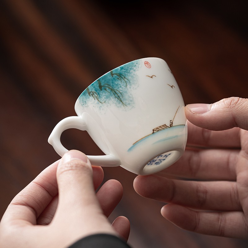 手绘陶瓷把杯小茶杯品茗杯功夫茶主G客人杯防烫手茶具杯子泡茶