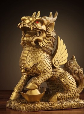 铜麒麟摆件一对纯铜解决卧室家用客厅办公室工艺品店铺开业送礼品