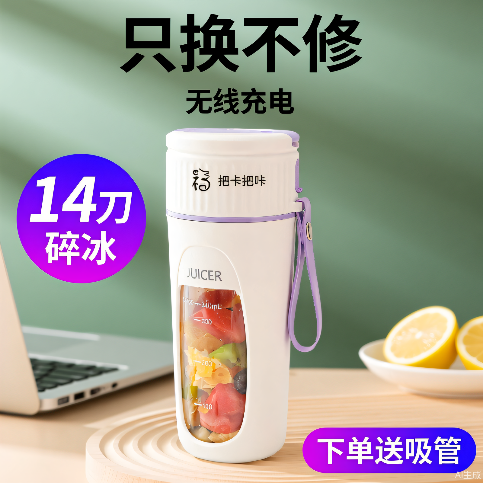 便携式榨汁机 家用多功能辅食搅拌杯 电动冰鲜榨汁杯14刀修身版,厨房电器,榨汁机/原汁机,淘宝优惠券,粉丝福利购,淘宝优惠卷
