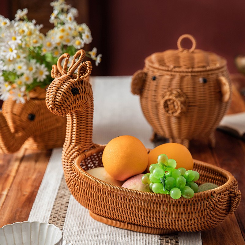 东南亚风仿藤编收纳筐竹编水果盘馒头筐长颈鹿大象小猪手工收纳盘