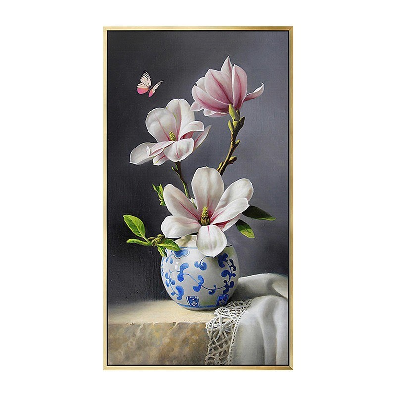 钻石画小幅玉兰花十字绣钻石绣2023线绣新款客厅竖版玄关点贴满钻