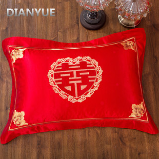 全棉枕套 鸳鸯 大红色贡缎刺绣枕头结婚床上用品 74CM 一对装