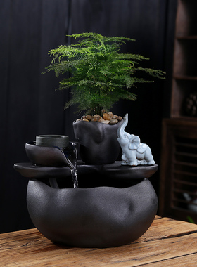 循环水客厅新摆件办公室景观陶瓷流水中式小型茶桌桌面装饰品招财