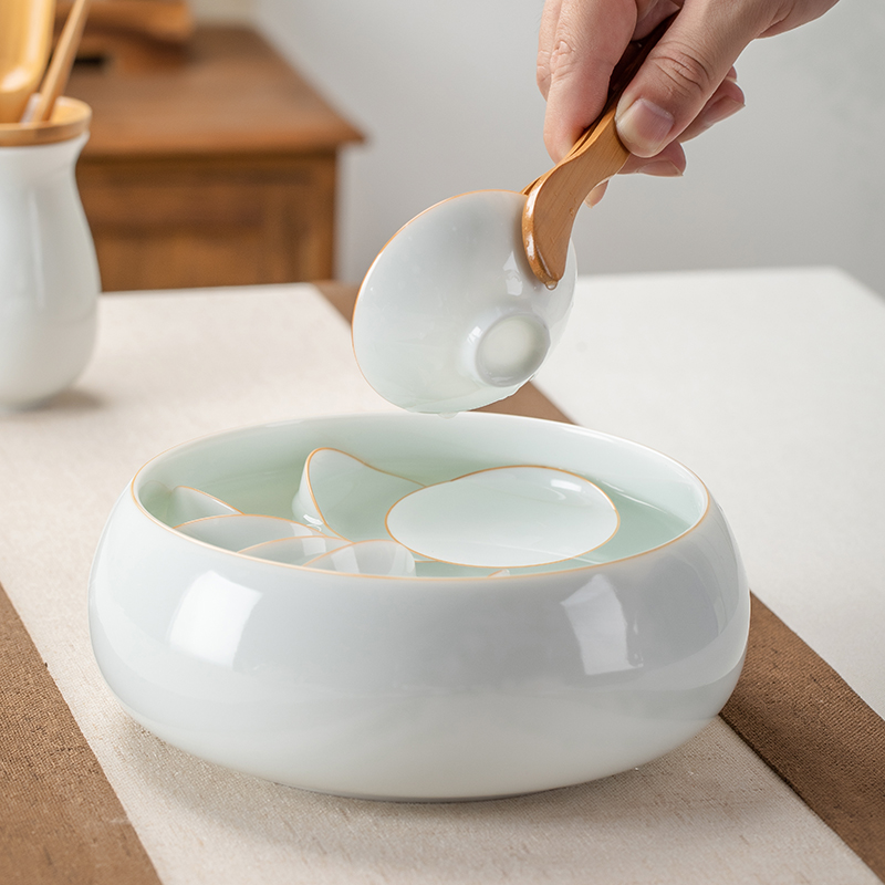 甜白瓷功夫茶具茶盘套装s家用简约办公室茶船盖碗斗笠茶杯茶壶整