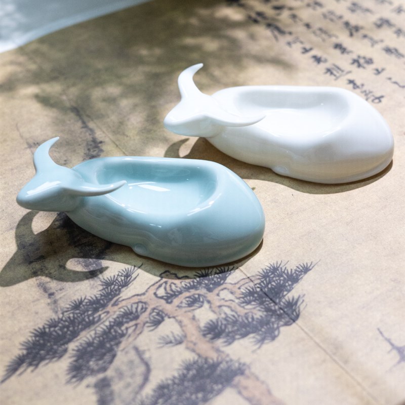 牧牛墨碟多功能陶瓷墨碟笔舔笔搁盛墨汁墨池O砚台初学者书房摆件