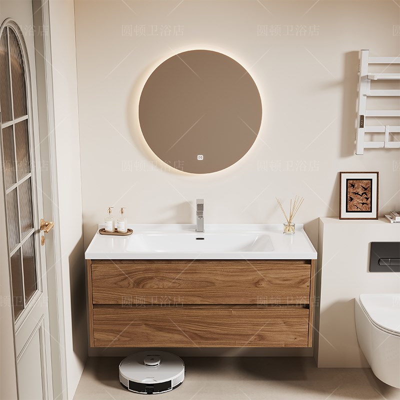 进深40cm宽极窄长黑胡桃木色陶瓷一体盆组合浴室柜小户型窄边款