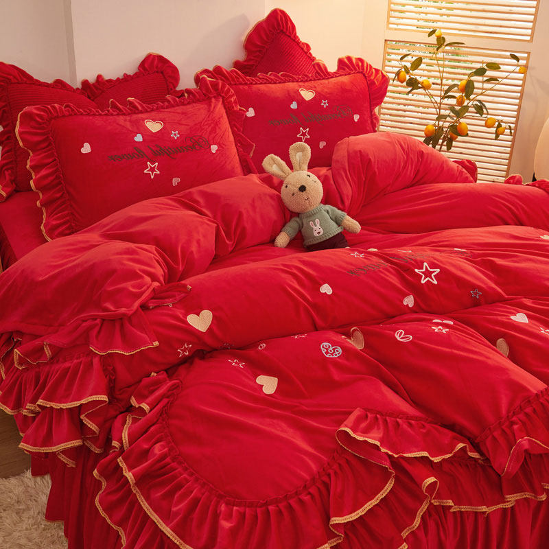 大红色床裙四件套珊瑚绒冬季结婚婚礼婚嫁床上用品婚庆新婚公主风
