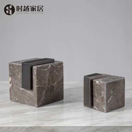 新中式方形大理石金属摆件样板房软装饰品客厅茶几玄关床头柜摆设