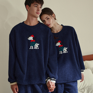 品册睡衣半边绒睡衣女加厚保暖套装 男家居服可外穿