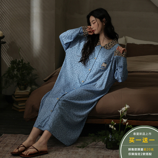 品册慵懒风人棉豹纹大码睡裙女春夏长袖卡通睡衣家居服可外穿长裙