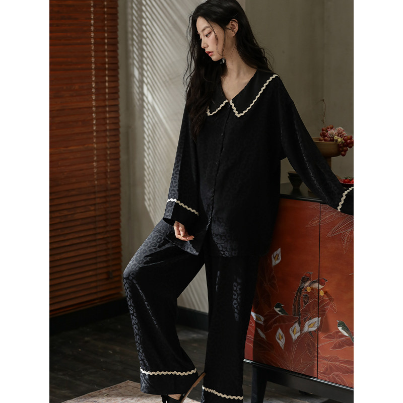 品册超火新品冰丝睡衣女春夏季黑色豹纹长袖套装女士可外穿家居服