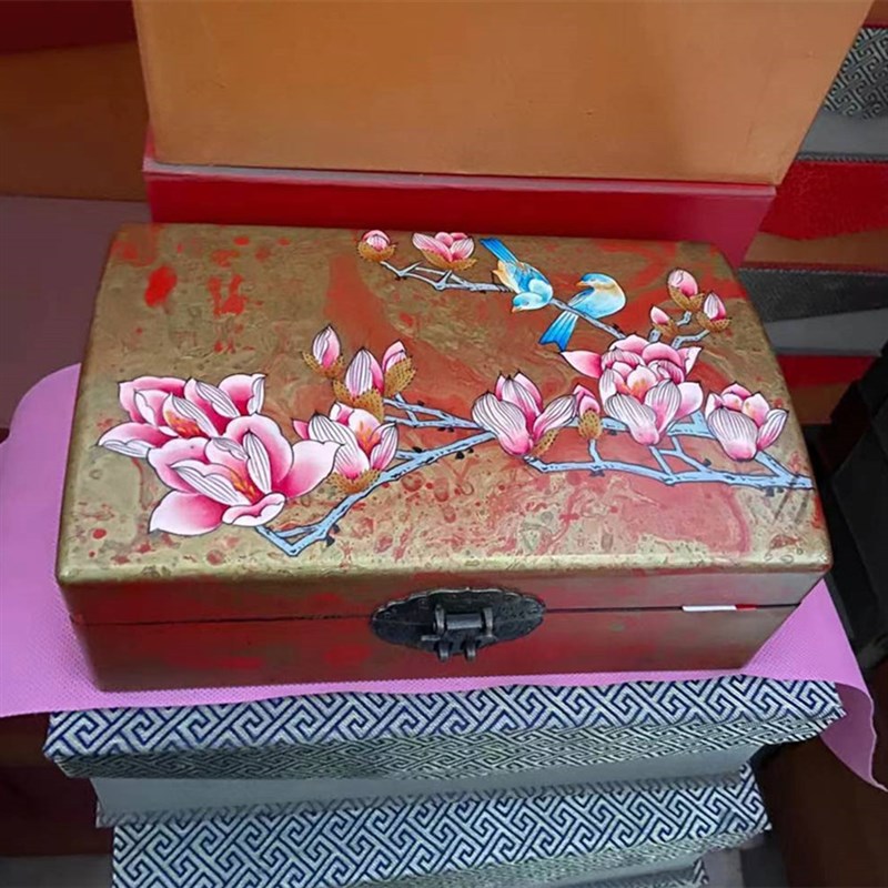 漆器木质首饰盒带锁漂金漆彩绘简约收纳盒生日婚庆礼品包装盒