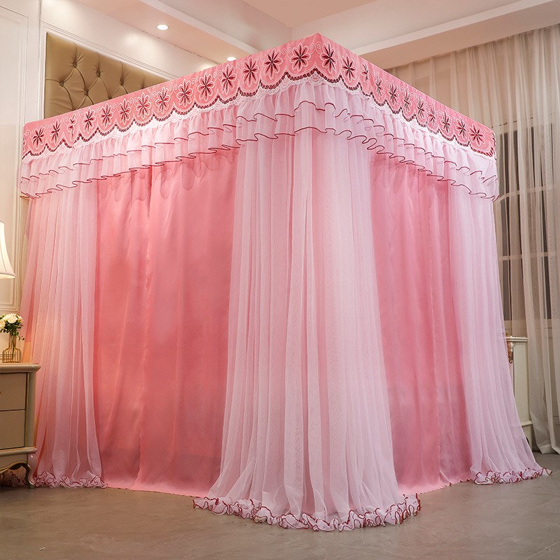 公主风三开门床幔落地蚊帐双层床帘床幔绣花花边不锈钢支架2