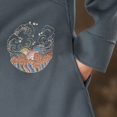 烟灰色杭州双面绒羊绒大衣女v中款手工绣花100纯羊毛小个子呢外套