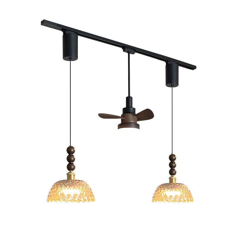 法式中古风餐厅吊灯可移位轨道风扇灯复古玻璃餐桌岛台吧台护眼灯