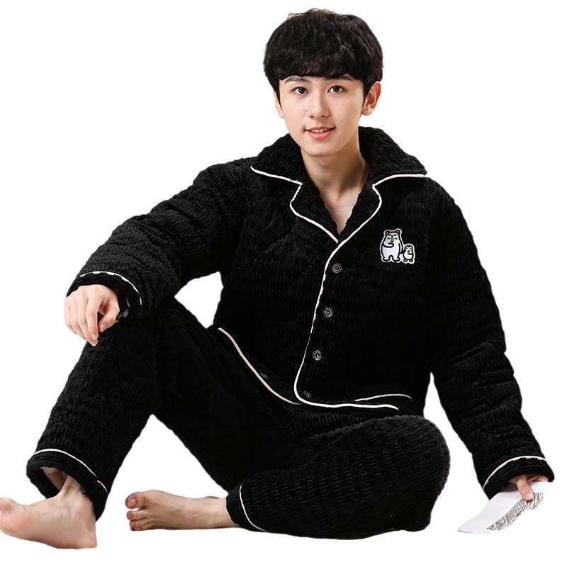 男生法兰绒睡衣冬季夹棉加厚款中大童男童睡衣珊瑚绒青.少年家居