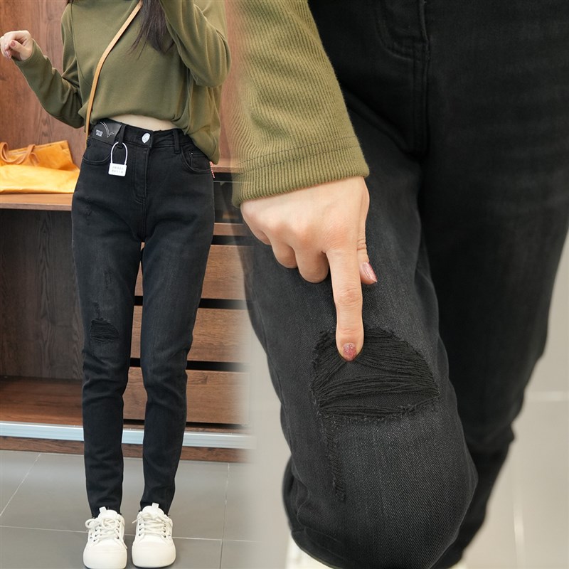 大码加厚加d绒黑色牛仔裤冬高腰高弹修身显瘦休闲裤胖mm毛边小脚