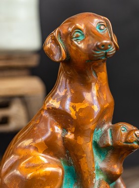 云南斑铜子母旺财狗客厅书房办公室装饰萌狗铜摆件