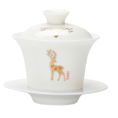 紫不语羊脂玉盖碗 金鹿陶瓷功夫茶具泡茶碗家用白瓷三才碗盖杯