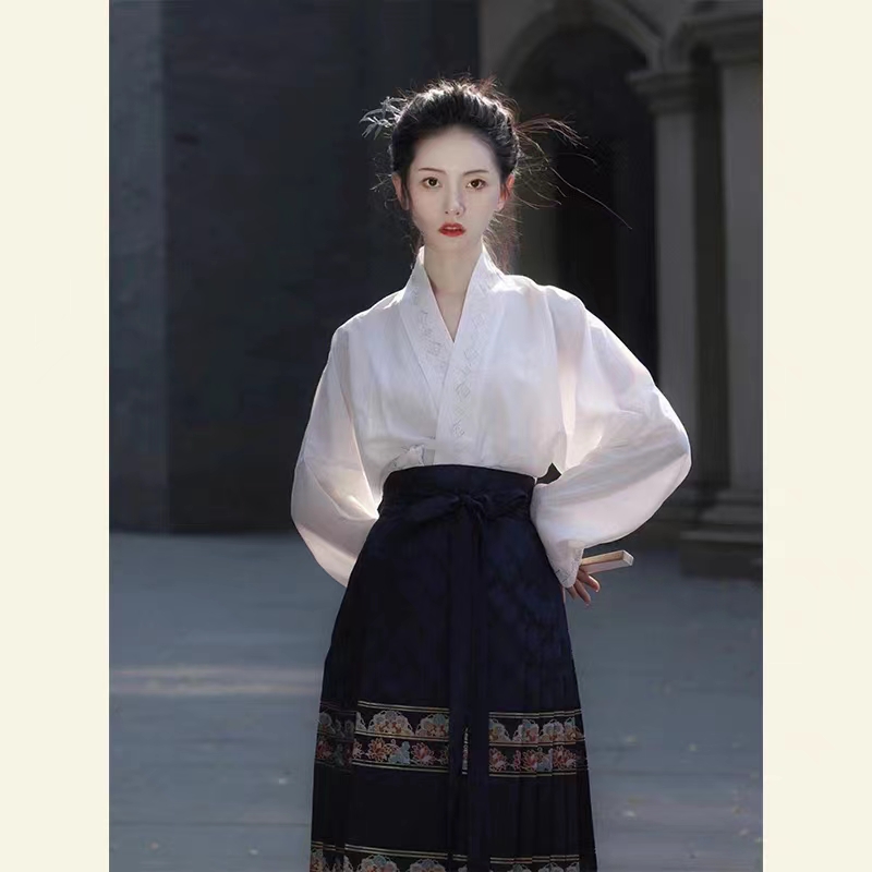 新中式国风马面裙改良汉服休闲纯色衬衫套装女装202V3春夏新款套