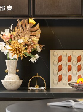 邸高餐厅柜软装搭配 高端石材金属花器托盘收纳玻璃果盘酒具酒架