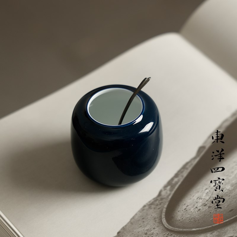 迷你陶瓷水盂 圆形青花边文房四宝小水丞茶洗陶瓷器仿古简约书法