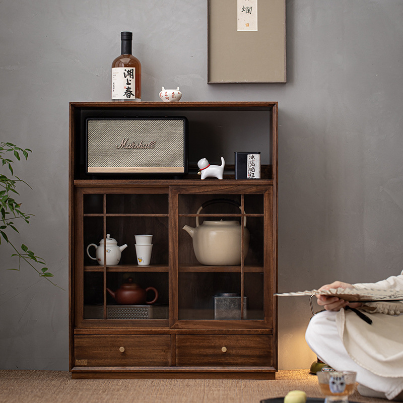 观岚茶斋中式胡桃木榻榻米收纳柜茶具茶杯储物柜防尘玻璃推拉抽屉