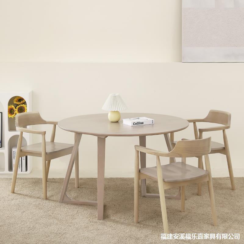 北欧奶灰色全实木圆形茶几轻奢网红餐桌椅会客厅休闲息区洽谈桌子