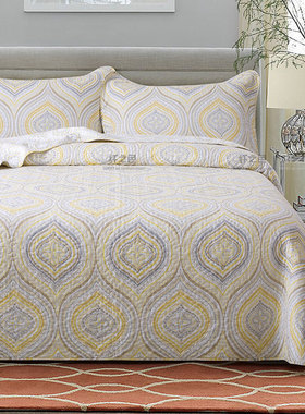 时尚黄色绗缝被三件套印花床盖夹棉衍缝床单全棉双人被盖纤之色