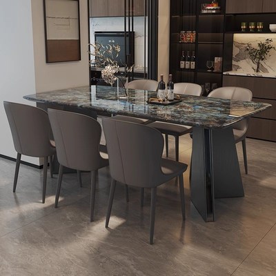 轻奢大理石餐桌现代简约长方形家用餐桌K椅组合小户型不锈钢吃饭