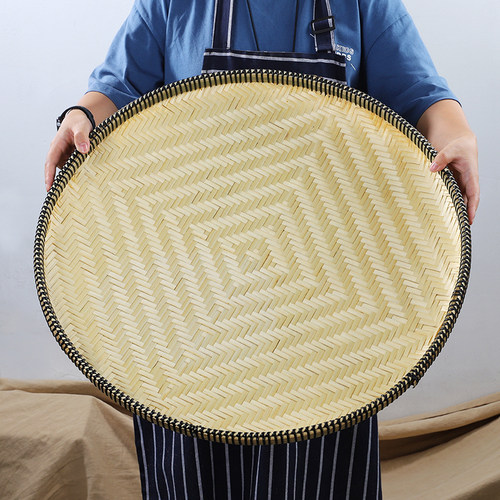 进口精编圆簸箕竹编制品竹扁干货晾晒筛K子家用无孔农家竹匾装饰