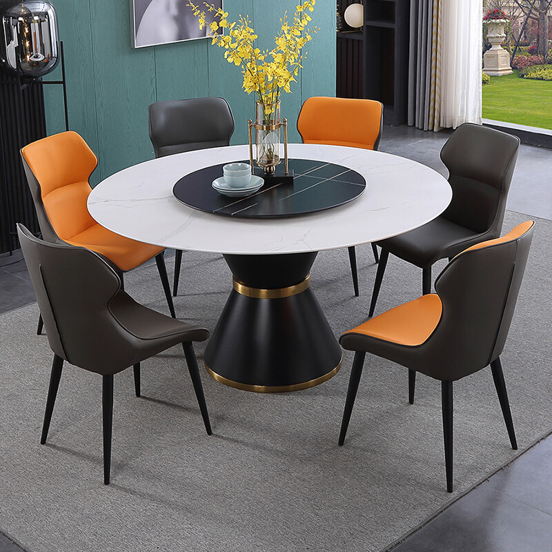 意式轻奢圆形岩板餐桌椅组合酒店别墅餐厅多人带转盘不锈钢吃饭桌