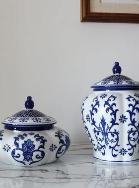 青花瓷茶叶罐大口径密封罐中式工艺品摆件玄关客厅博古架装饰储物