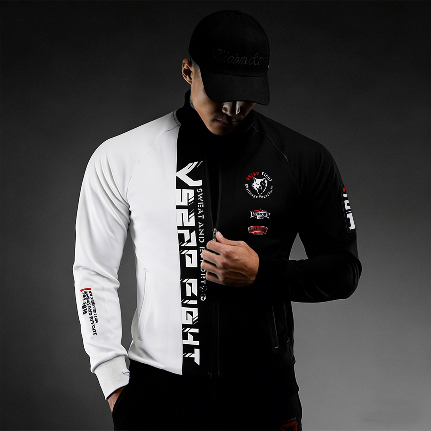 VSZAP赛车风立领运动健身卫衣男速干上衣黑白撞色运动外套训练服