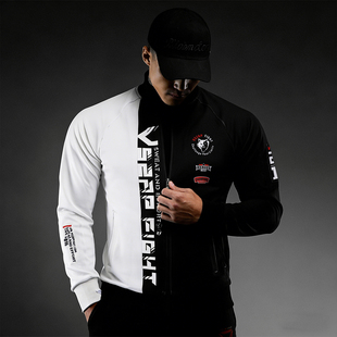 VSZAP赛车风立领运动健身卫衣男速干上衣黑白撞色运动外套训练服