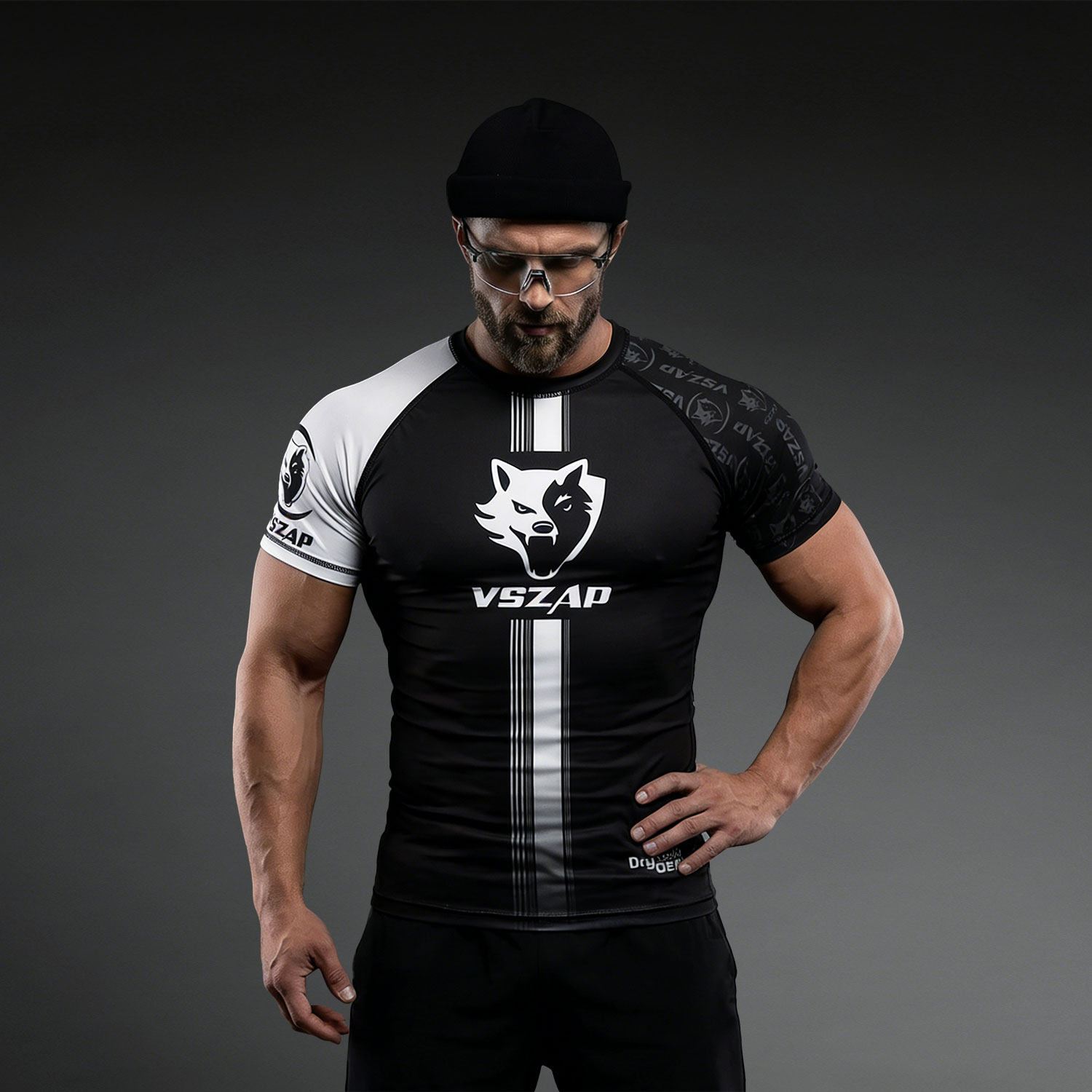 VSZAP简约狼头正品男士短袖T恤黑色拼色运动健身紧身速干美漫风