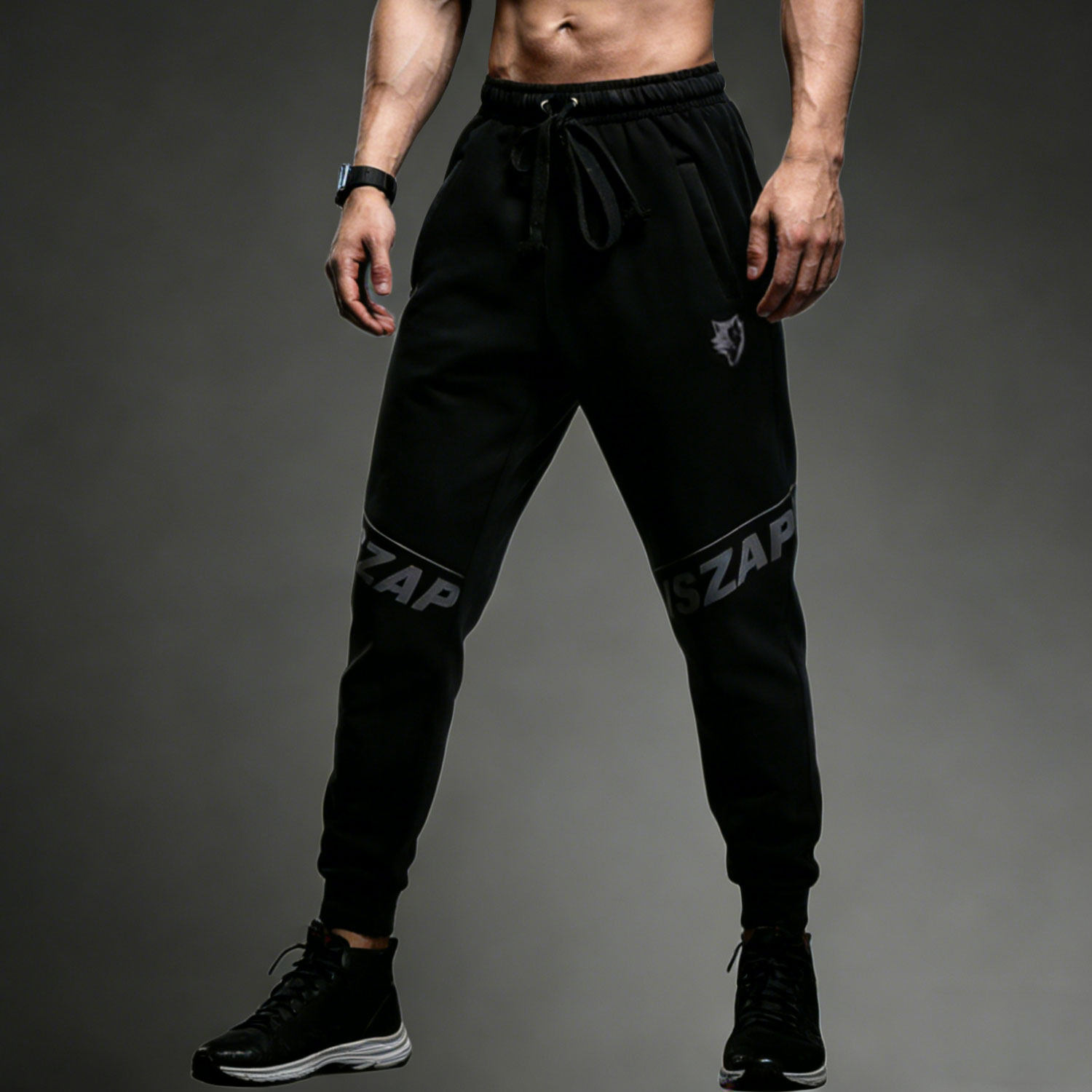 VSZAP运动休闲男士健身卫裤黑色亮片印花束脚修身抽绳大码长裤