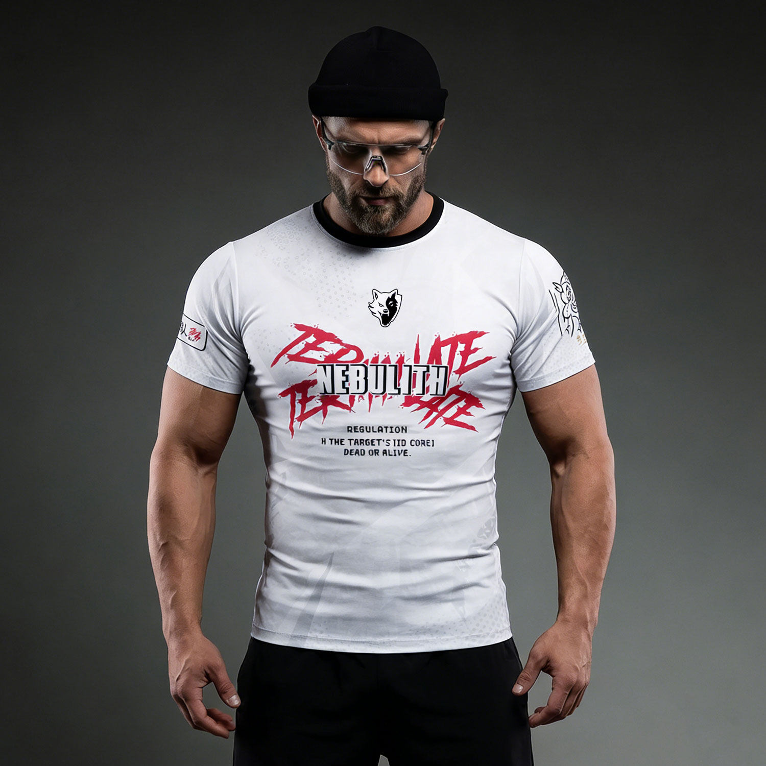 VSZAP运动风男士短袖T恤白色印花字母修身紧身速干健身训练服