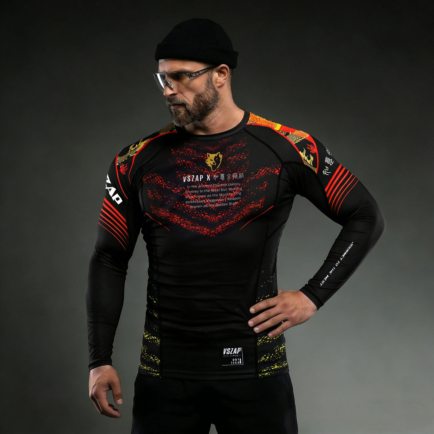 VSZAP悟空金箍棒运动健身长袖T恤男黑色速干紧身衣潮牌个性版型