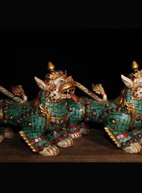 尼泊尔纯黄铜彩绘描金镶嵌宝石狮子一对神兽招财家居装饰