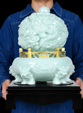 玉石九转乾坤鼎摆j件九龙戏珠客厅玄关办公室桌装饰品开业礼物高