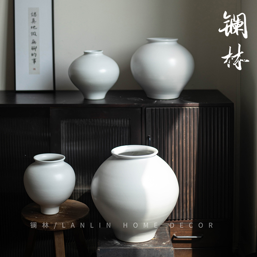 白色插花水培花瓶中式月亮罐中式客厅名宿摆件复T古侘寂风陶罐大