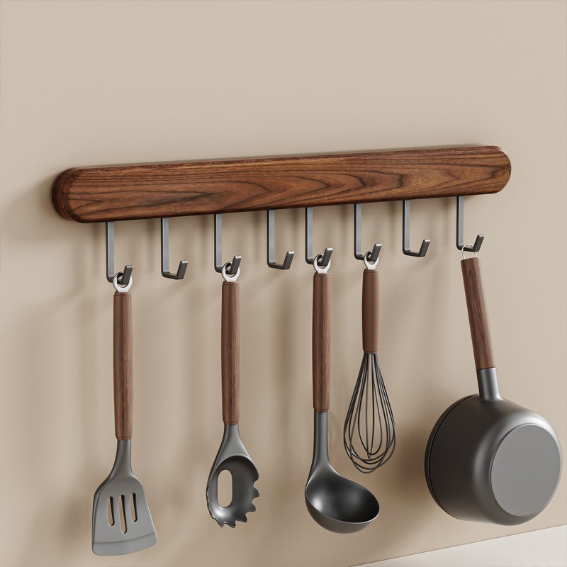 cmeo胡桃木厨房挂钩免打孔挂杆厨房置J物架锅铲勺子挂架排钩收纳