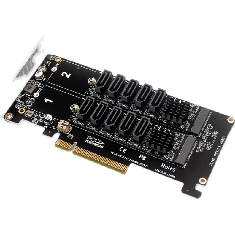 甄选双NVME RAID PCI-EX8拆分卡 转SATA10口转接卡JMB585芯片