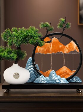高档桌面摆件办公室布置迎客松高级感沙漏流沙画软装家居茶几饰品