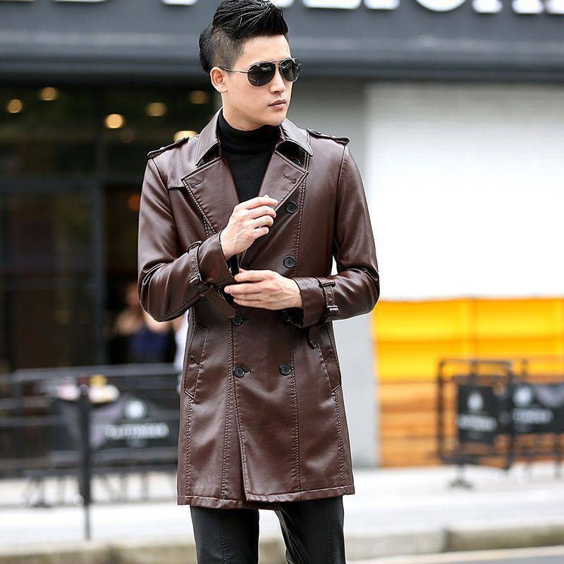 皮衣男士中长款修身风衣休闲大码秋冬加厚外套