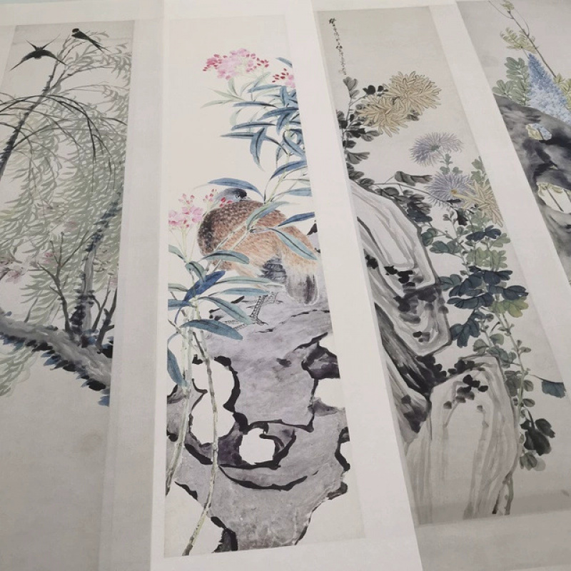 任熊花鸟四条屏国画真迹微喷仿古