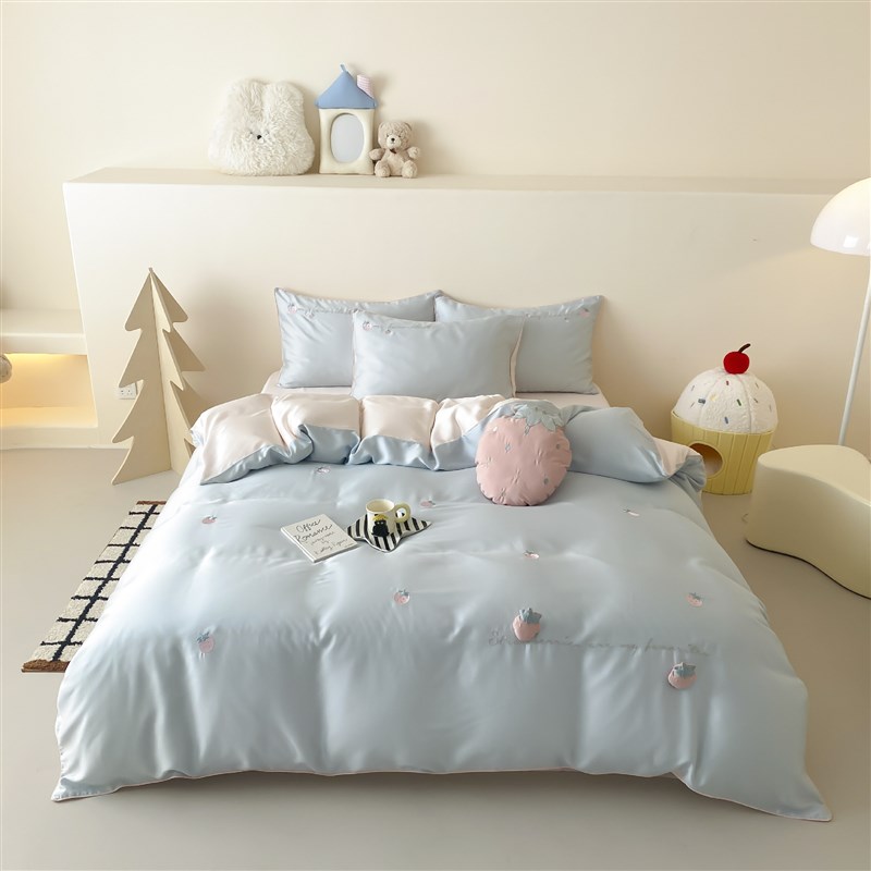 夏季丝滑凉感60s兰精天丝夏被四件套立体草莓刺绣裸睡被套空调被