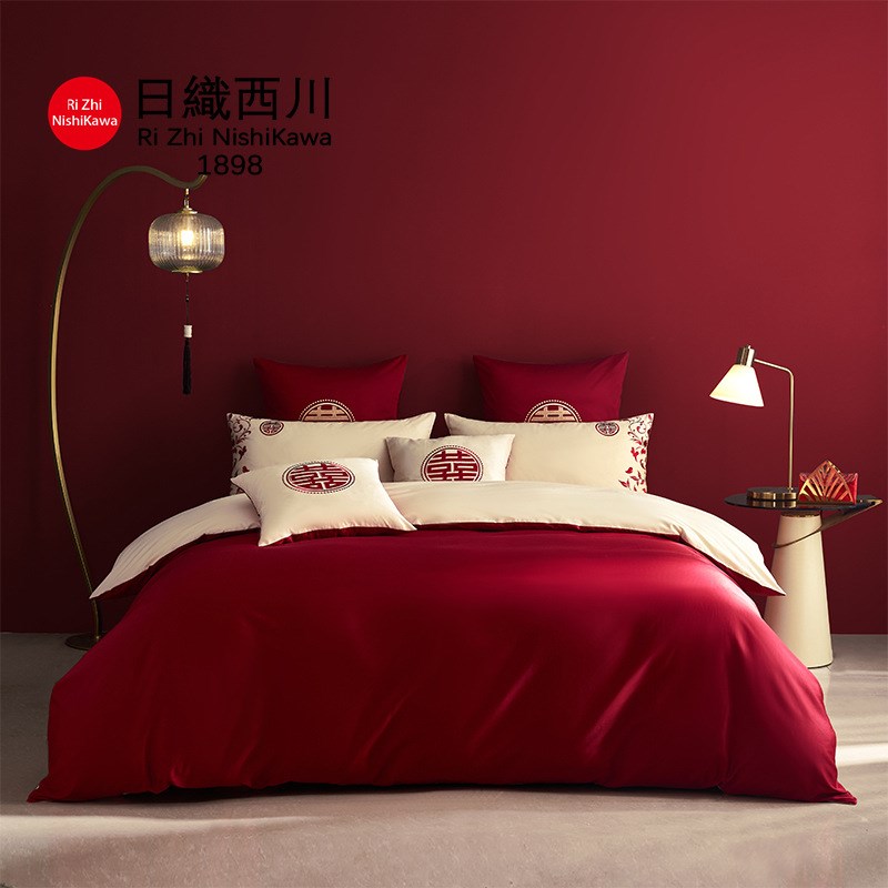 中式婚礼丨设计师力荐100s长绒棉刺绣工艺婚庆四件套酒红结婚贺礼