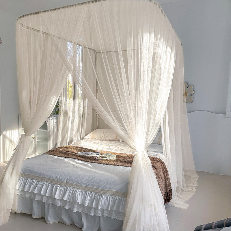 2024新款U型易安装蚊帐加厚伸缩不锈钢支架三开门落地公主风纱帘